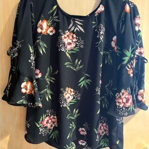 Women's Black Floral Tie-Sleeve Blouse